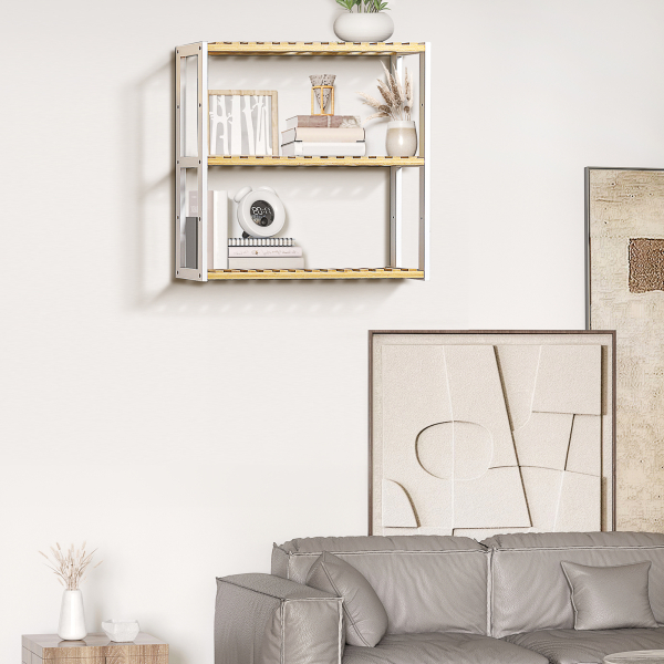 HOMCOM Estante de Parede de Bambu de 3 Níveis Estante Suspensa para Sala de Estar Dormitório Cozinha 60x15x54cm Madeira e Branco - Image 7