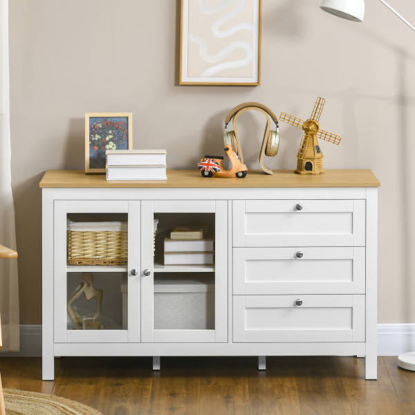 HOMCOM Aparador para Sala de Estar com 2 Portas de Vidro 3 Gavetas e Prateleira Ajustável para Cozinha Sala de Jantar 120x40x70 cm Branco e Madeira - Image 7