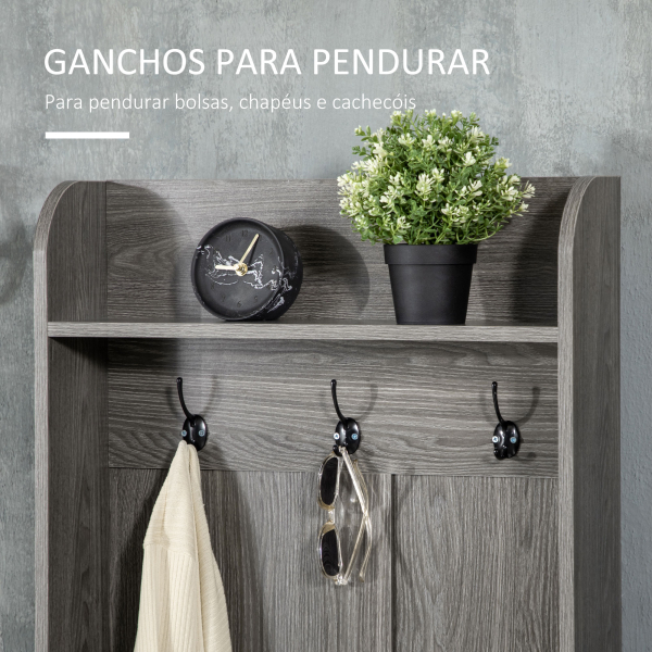 HOMCOM Móvel Cabide de Entrada com Sapateiro 3 Ganchos 2 Portas 2 Compartimentos e Prateleira de Armazenamento 60x34x170 cm Cinza - Image 5