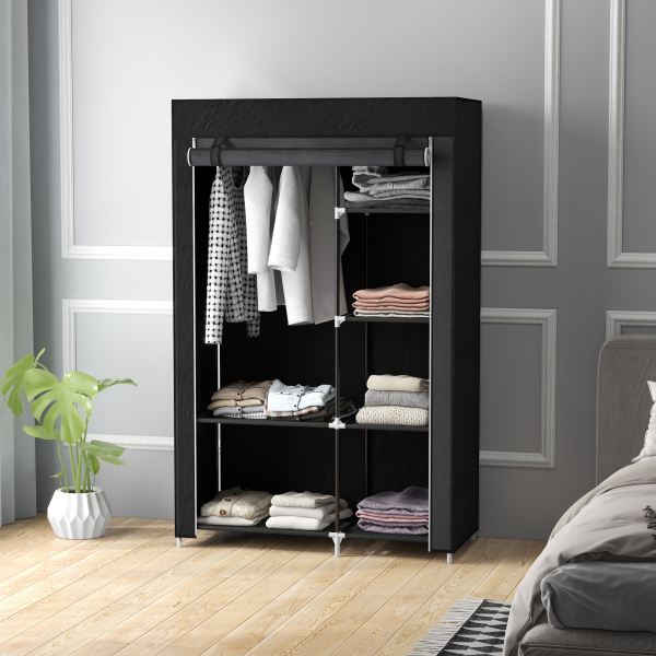 HOMCOM Roupeiro de Tecido Dobrável com 6 Prateleiras e 1 Barra de Pendurar para Dormitório Vestidor 103x43x162,5 cm Preto - Image 7