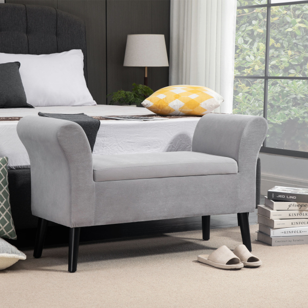 HOMCOM Banco para Pé de Cama Estofado em Veludo com Tampa Apoio para os Braços Pés de Madeira 111,5x41x65cm Cinza Claro - Image 2