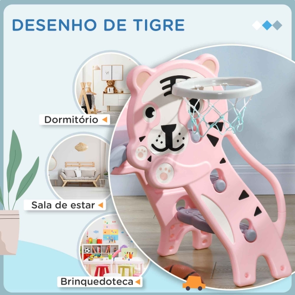 AIYAPLAY Escorrega para Crianças 2 em 1 com 2 Degraus Cesta de Basquetebol e Desenho de Tigre para Interior 133x60x70 cm Rosa - Image 5