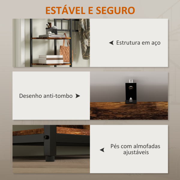 HOMCOM Móvel Cabide de Entrada com Sapateira Móvel de Entrada com Banco Prateleiras e Ganchos  120x35x180 cm Marrom Escuro - Image 7