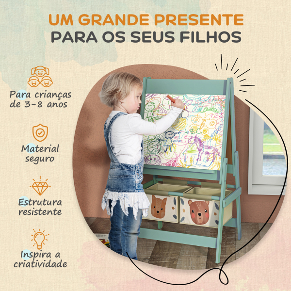 AIYAPLAY Cavalete para Crianças 3 em 1 Cavalete de Arte com Rolo de Papel Quadro e 2 Cestas de Armazenamento 54x46,5x93 cm Verde - Image 6