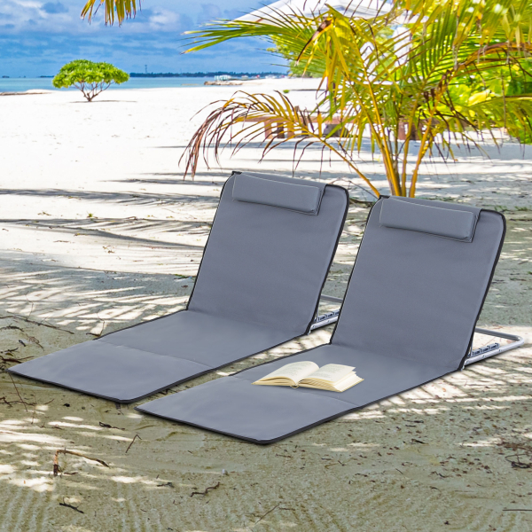 Outsunny Conjunto de 2 esteiras de praia com encosto reclinável em 5 níveis, bolsa de transporte e apoio de cabeça 48x134x33-43 cm cinza - Image 2