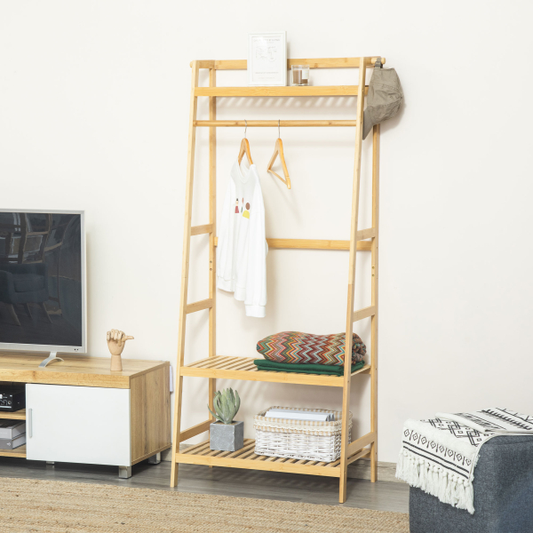 HOMCOM Suporte para Cabides de Bambu Cabideiro com Prateleira de 3 Níveis com Barra e Cabide Lateral 70x42x164cm Madeira - Image 9