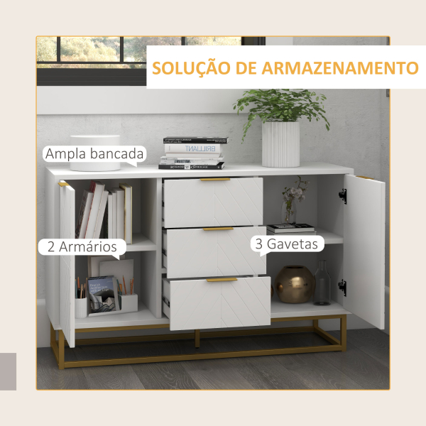 HOMCOM Aparador Auxiliar Armário de Armazenamento com 3 Gavetas e 2 Armários com Prateleira Ajustável 120x40x76 cm Branco - Image 8