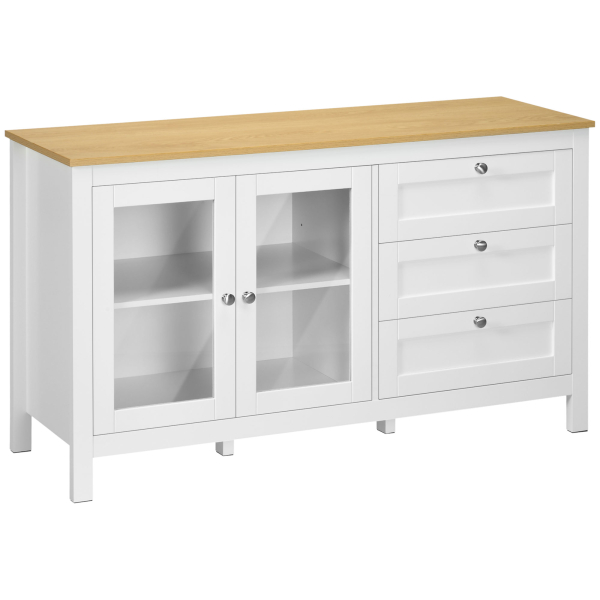 HOMCOM Aparador para Sala de Estar com 2 Portas de Vidro 3 Gavetas e Prateleira Ajustável para Cozinha Sala de Jantar 120x40x70 cm Branco e Madeira