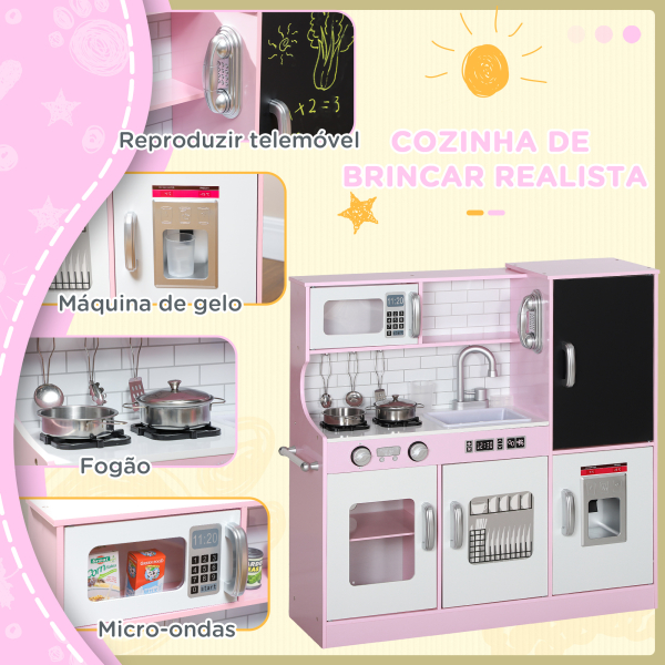 AIYAPLAY Cozinha de Brincar para Crianças acima de 3 anos Cozinha Infantil de Madeira com Acessórios Máquina de Gelo Ardósia e Telefone 83,8x26,8x81 cm Rosa - Image 6