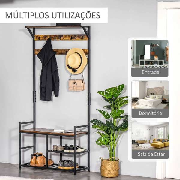 HOMCOM Móvel Cabide de Entrada com 3 Prateleiras 9 Ganchos Armário de Entrada com Cabides de Estilo Industrial 84x34,5x180cm Marrom - Image 6