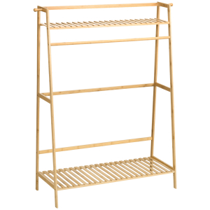 HOMCOM Suporte para Cabide de Bambu com 2 Prateleiras de Armazenamento 2 Ganchos Laterais e Barra Suspensa 114x40x139 cm Madeira
