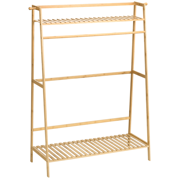 HOMCOM Suporte para Cabide de Bambu com 2 Prateleiras de Armazenamento 2 Ganchos Laterais e Barra Suspensa 114x40x139 cm Madeira
