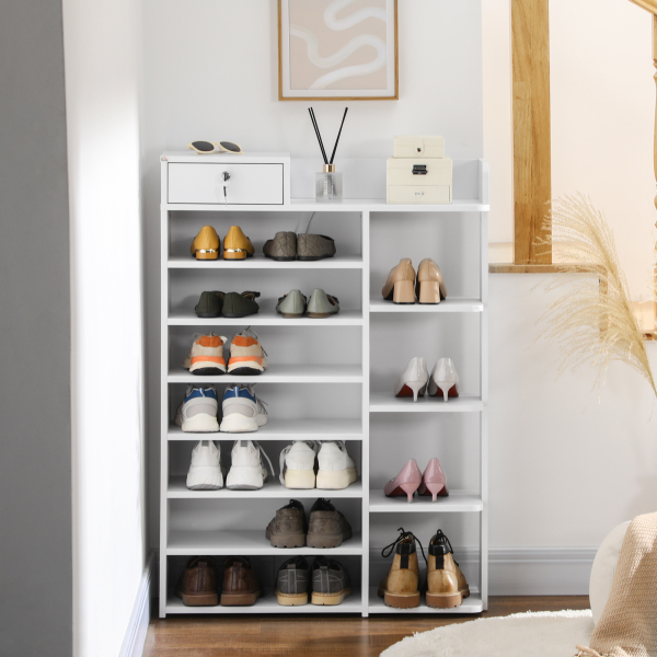 HOMCOM Sapateira de Madeira Móvel para Sapatos com 11 Prateleiras Abertas para 18 Pares de Sapatos 80x27x112 cm Branco - Image 6