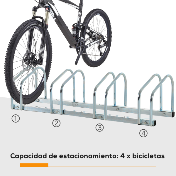 HOMCOM Estacionamento para 4 Bicicletas Suporte de Aço para Estacionar Bicicletas no Chão para Interior e Exterior 110x33x27 cm Prata - Image 5