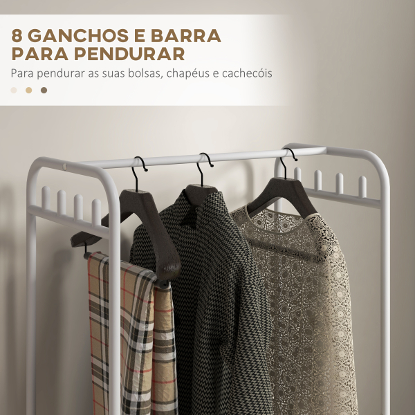 HOMCOM Charriot Moderno 8 Ganchos e 4 Cestos para Armazenamento Charriot com Rodas e Estrutura de Aço 63x37x153 cm Branco - Image 5