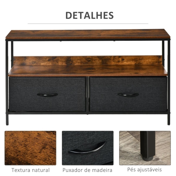 HOMCOM Móvel de TV até 47” Móvel de TV Industrial com Prateleira e 2 Cestos de Tecido Dobráveis para Sala de Estar Dormitório Estrutura de Metal 98x29x56cm Marrom Rústico e Preto - Image 6