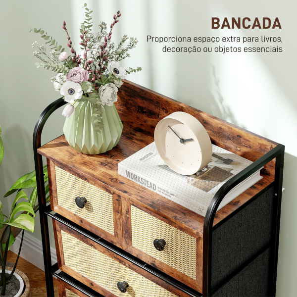 HOMCOM Cómoda de Tecido Cómoda para Dormitório com 5 Gavetas com Frente em Vime e Prateleira 58x29x99 cm Marrom Rústico - Image 5