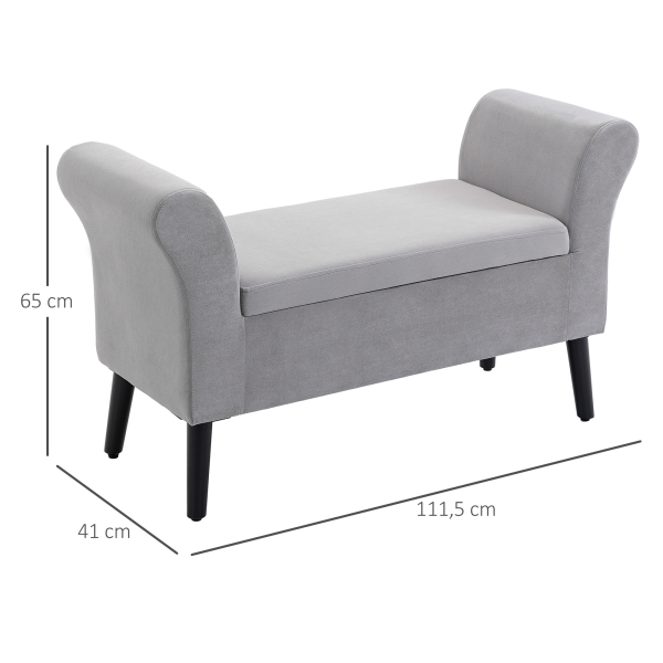 HOMCOM Banco para Pé de Cama Estofado em Veludo com Tampa Apoio para os Braços Pés de Madeira 111,5x41x65cm Cinza Claro - Image 3