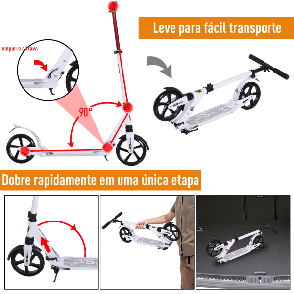 HOMCOM Trotinete dobrável altura ajustável e guiador para adultos e crianças acima de 14 anos com rodas grandes e freio Carga 100kg branco - Image 4