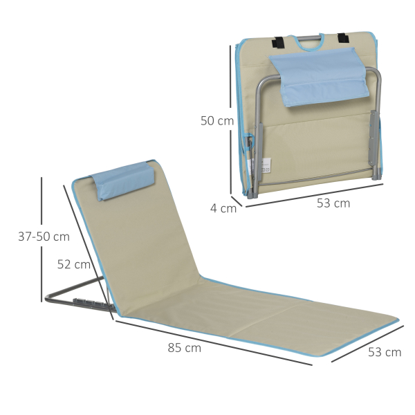 Outsunny Conjunto de 2 Esteiras de Praia Dobráveis 124x53x50cm com Encosto Ajustável e Apoio para a Cabeça Esteira de Praia Tecido Oxford Aço com Bolsa de Transporte Bege e Azul - Image 3