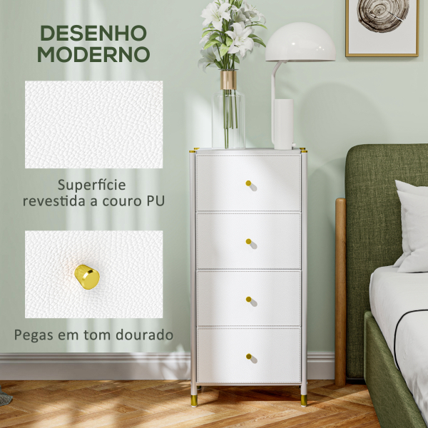 HOMCOM Cómoda para Dormitório Cómoda de Tecido com 4 Gavetas Dobráveis com Frentes de Couro PU 46x30x98 cm Branco - Image 5