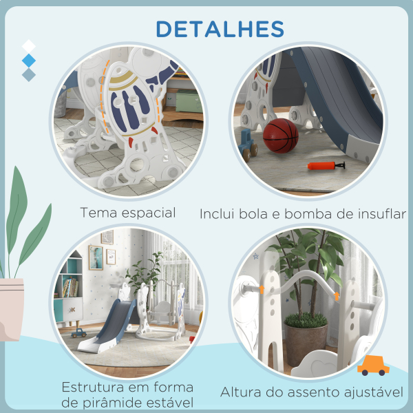 AIYAPLAY Conjunto de Escorregador e Baloiço para Crianças 3 em 1 Baloiço para Crianças de 18-48 Meses Escorregador e Cesto de Basquetebol 150x185x92 cm Branco e Azul - Image 7