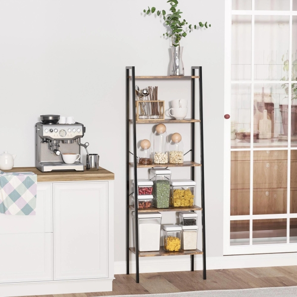 HOMCOM Estante de Estilo Industrial em Forma de Escada com 5 Prateleiras com Estrutura de Metal para Sala de Estar Dormitório Cozinha Escritório 56x34x160cm Marrom Rústico - Image 8