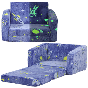 AIYAPLAY Poltrona para Crianças Dobrável e Reclinável Sofá para Crianças Estofado em Tecido Luminoso com Desenho Espacial Azul