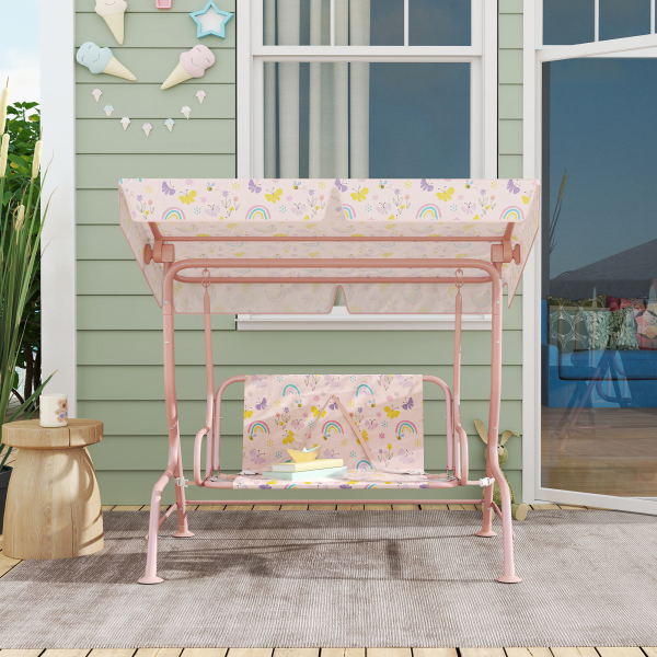 AIYAPLAY Baloiço de Jardim para Crianças com 2 Lugares Toldo Ajustável Cinto de Segurança e Desenho de Borboletas 112x75x120 cm Rosa - Image 8