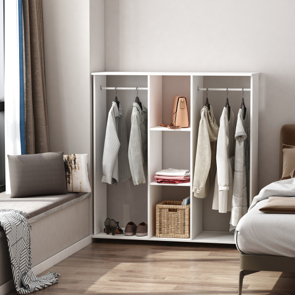 HOMCOM Roupeiro de Madeira Móvel Armário Roupeiro Aberto com 2 Barras para Pendurar e 3 Prateleiras Organizadoras 120x40x128 cm Branco - Image 7