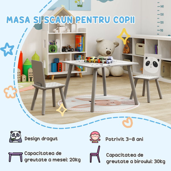 ZONEKIZ Conjunto de Mesa e Cadeiras para Crianças de 3 Peças Mesa Infantil com 2 Cadeiras Conjunto de Móveis para Atividades Cinza - Image 7