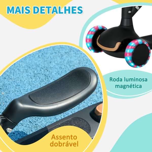 AIYAPLAY Trotinete para Crianças 2 em 1 com Altura Ajustável 3 Rodas Brilhantes e Assento para +18 Meses 58x31x64-79 cm Preto - Image 7