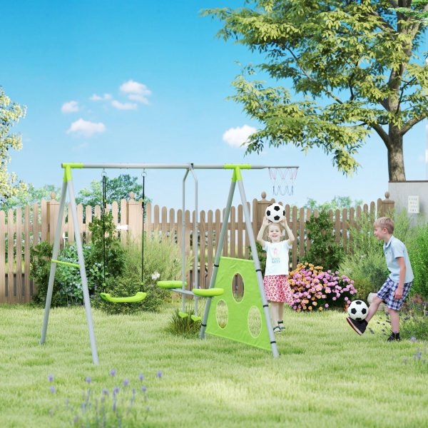AIYAPLAY Baloiços para Crianças 4 em 1 Baloiços Jardim Exterior com Baloiço Planador Baliza de Futbol e Aro de Basquetebol Verde - Image 2