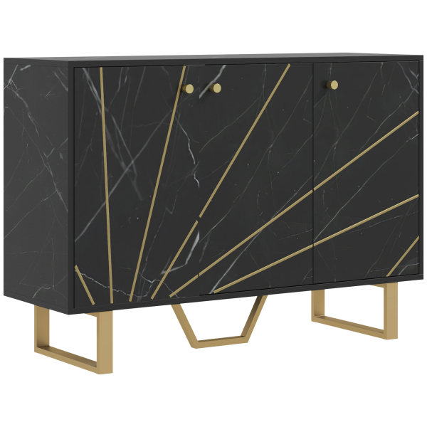 HOMCOM Aparador de Sala de Estar com 2 Armários e Prateleira Interior Ajustável com Efeito Mármore 107x35x75 cm Preto e Dourado