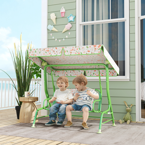 AIYAPLAY Baloiço de Jardim para Crianças com 2 Lugares Toldo Ajustável Cinto de Segurança e Desenho de Borboletas 112x75x120 cm Verde - Image 2