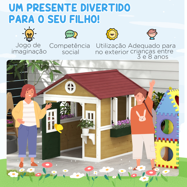Outsunny Casa de Madeira para Crianças Casa de Brincar Infantil para Jardim  com Porta Janelas e Floreiras 114x126,5x135 cm Multicor - Image 6