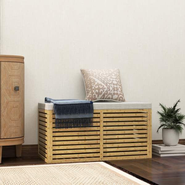 HOMCOM Baú de Arrumação para Dormitório 122L Estofado em Linho Sintético com Almofada Estrutura de Bambu 90x42x43 cm Cinza e Madeira - Image 7