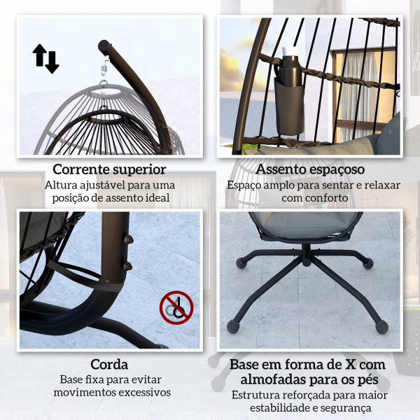 Outsunny Cadeira Suspensa com Suporte Cadeira Baloiço de Jardim com Cesto Dobrável Almofada e Apoio para a Cabeça 120x88x192 cm Preto - Image 7