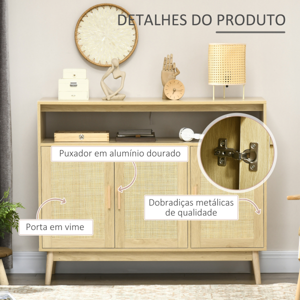 HOMCOM Aparador Sala de Estar de Estilo Cannage com 3 Portas de Vime Prateleiras Ajustáveis e Pés de Madeira 120x40x97 cm Madeira - Image 7
