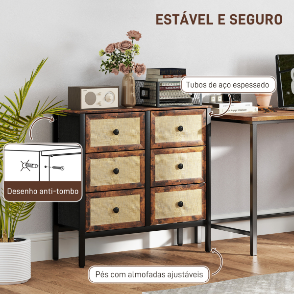HOMCOM Cómoda para Dormitório Cómoda de Tecido com 6 Gavetas Dobráveis com Frentes de Vime 88x30x83 cm Marrom Rústico - Image 6