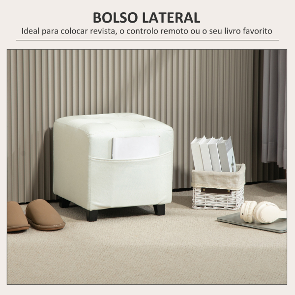 HOMCOM Apoio para os Pés Sala de Estar Banco Estofado em Linho com Bolso Lateral Tampa com Botões  35x35x35 cm Creme - Image 5
