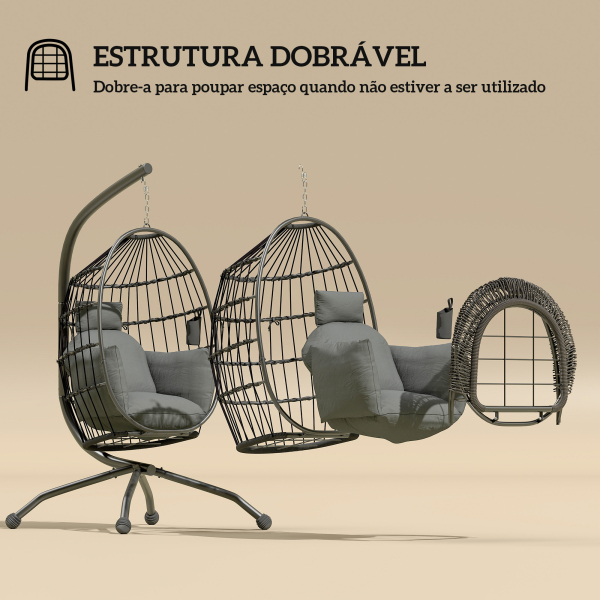 Outsunny Cadeira Suspensa com Suporte Cadeira Baloiço de Jardim com Cesto Dobrável Almofada e Apoio para a Cabeça 120x88x192 cm Preto - Image 5