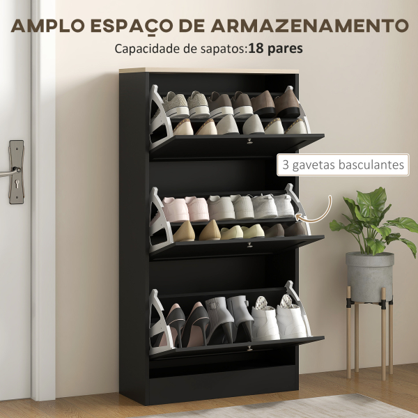 HOMCOM Móvel Sapateira de Entrada com 3 Gavetas Basculantes e Prateleiras Ajustáveis para 18 Pares de Sapatos 60x23,5x115 cm Preto - Image 4