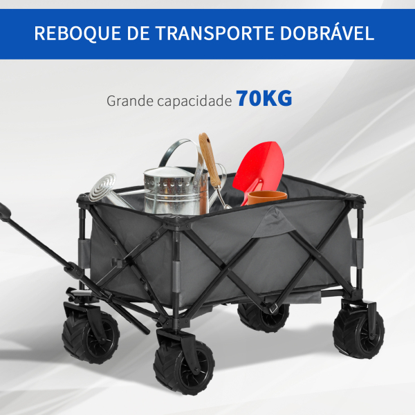 Outsunny Carrinho de Transporte Dobrável com Rodas Giratórias 360° e Guiador Ajustável 59-89 cm para Campismo Praia 108x55x61-91 cm Cinza Escuro - Image 7