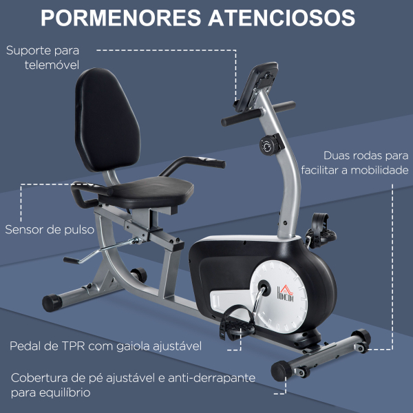 HOMCOM Bicicleta Estática com Encosto com 8 Níveis de Resistência Magnética Comprimento Ajustável Ecrã LCD 122-137x62x103 cm Cinza - Image 7
