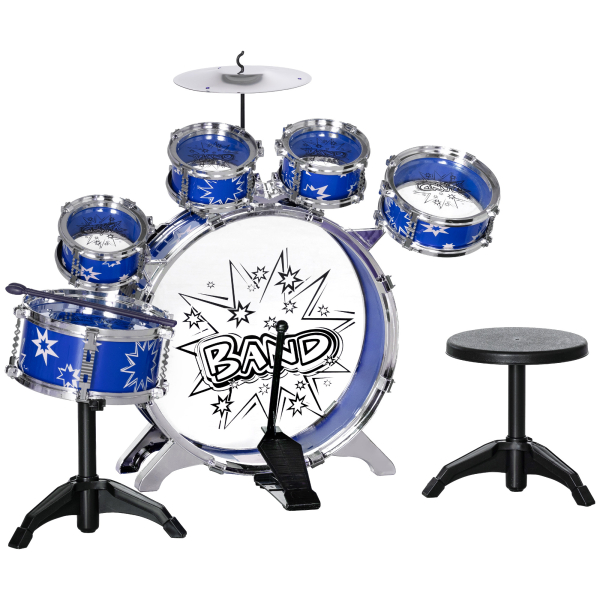 AIYAPLAY Bateria Infantil com Banco Bateria para Crianças acima de 3 Anos com Pedal e Baqueta Desenho de Estrelas 65x22x57 cm Azul