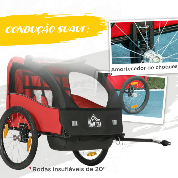 HOMCOM Reboque de Bicicleta para Crianças acima de 18 Meses Reboque de Bicicleta com 2 Lugares com Cinto de Segurança Espaço de Armazenamento e Sistema de Amortecimento 140x88x90 cm Vermelho - Image 5