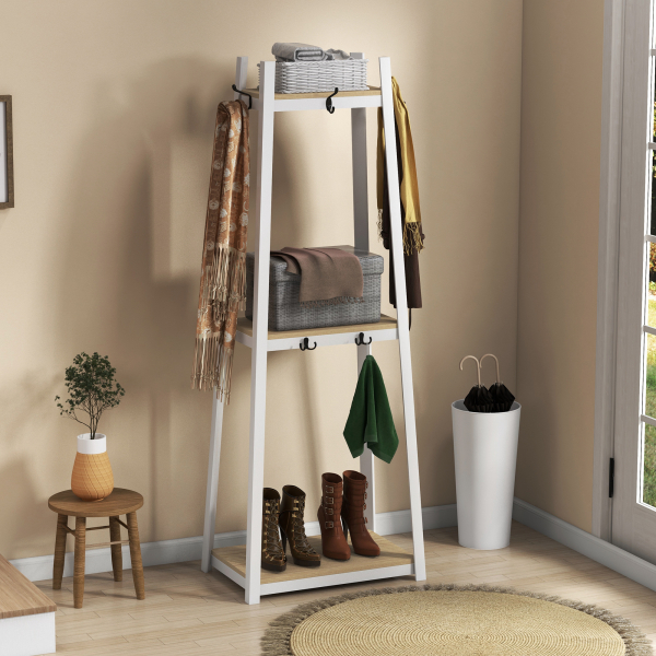 HOMCOM Suporte para Cabides de 3 Níveis Suporte para Cabides com 6 Ganchos e Prateleiras para Entrada Corredor 61x41x165 cm Natural - Image 6