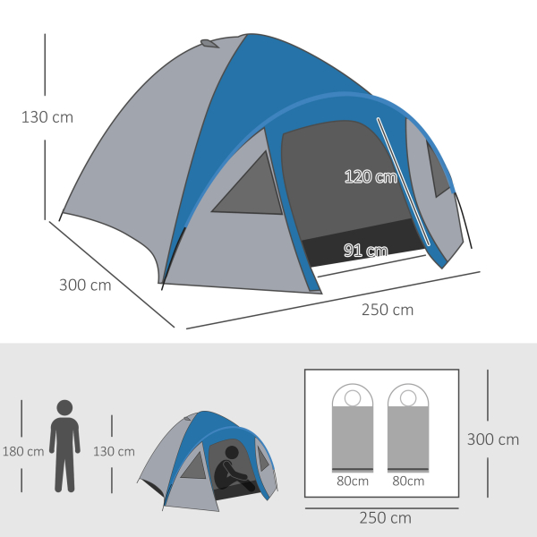 Outsunny Tenda de Campismo para 4 Pessoas Tenda de Campismo com Janelas 2 Bolsos e Bolsa de Transporte 300x250x130 cm Cinza e Azul - Image 3