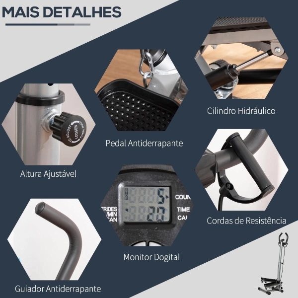 HOMCOM Máquina de Step Fitness com Guiador Ajustável em Altura Tela LCD Bandas Elásticas Pedais Antiderrapantes Equipamento de Exercício para Academia em Casa 55x53x118-128cm Prata - Image 6